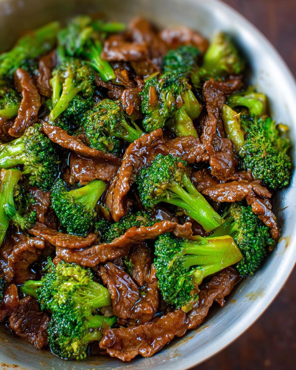 Close-up of glossy, tender strips of beef mixed with bright green broccoli florets in a savory sauce, featuring Chinese Beef and Broccoli.