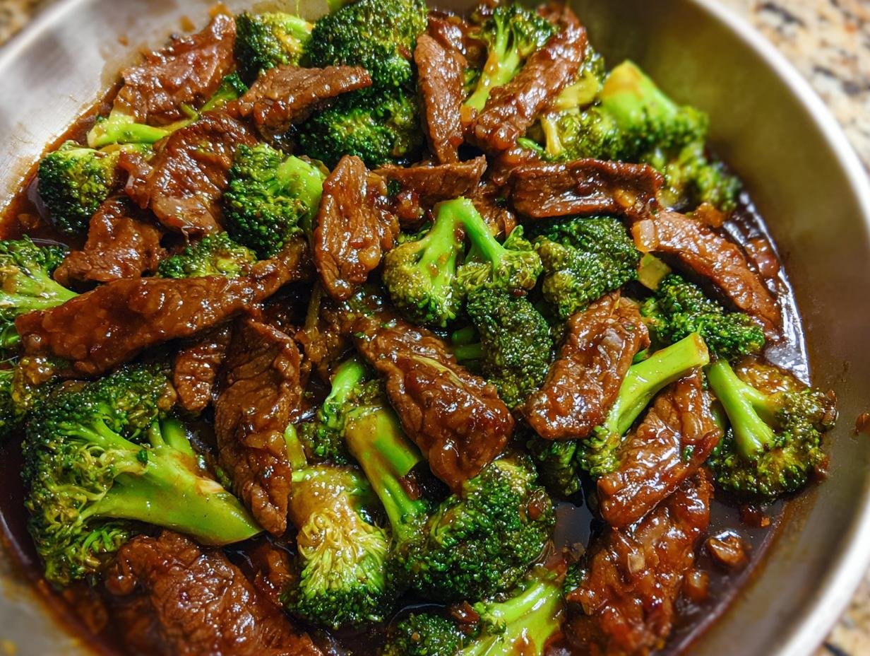 Close-up of glossy, saucy Chinese Beef and Broccoli stir-fry in a pan.