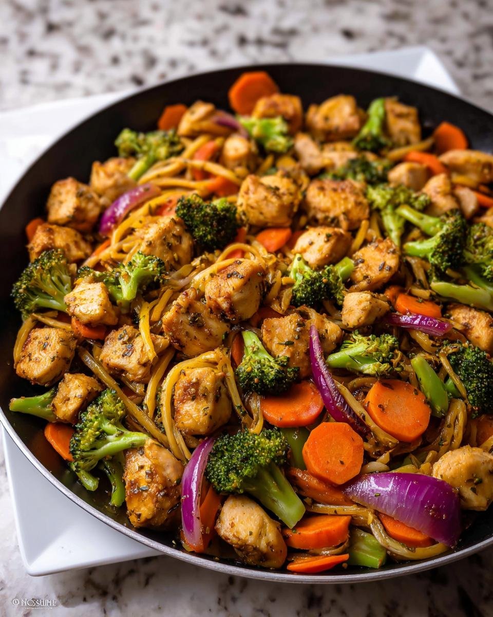 Close-up of a one-pan healthy dinner idea featuring seasoned chicken chunks, broccoli, carrots, and red onion.