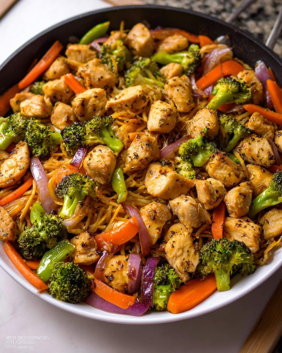 Close-up of a one-pan healthy dinner with seasoned chicken, broccoli, carrots, and noodles.