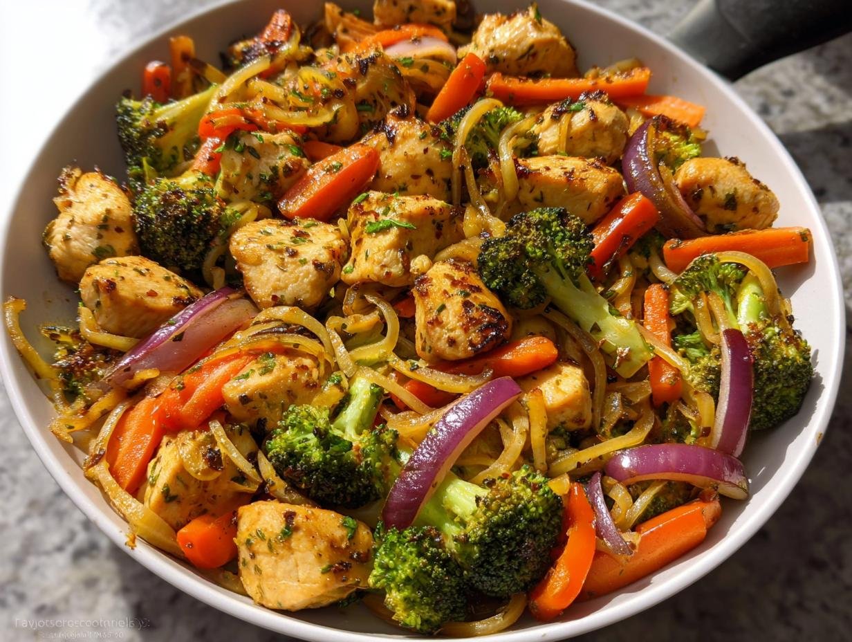 Close-up of a vibrant one-pan healthy dinner with seasoned chicken, broccoli, carrots, and red onion.