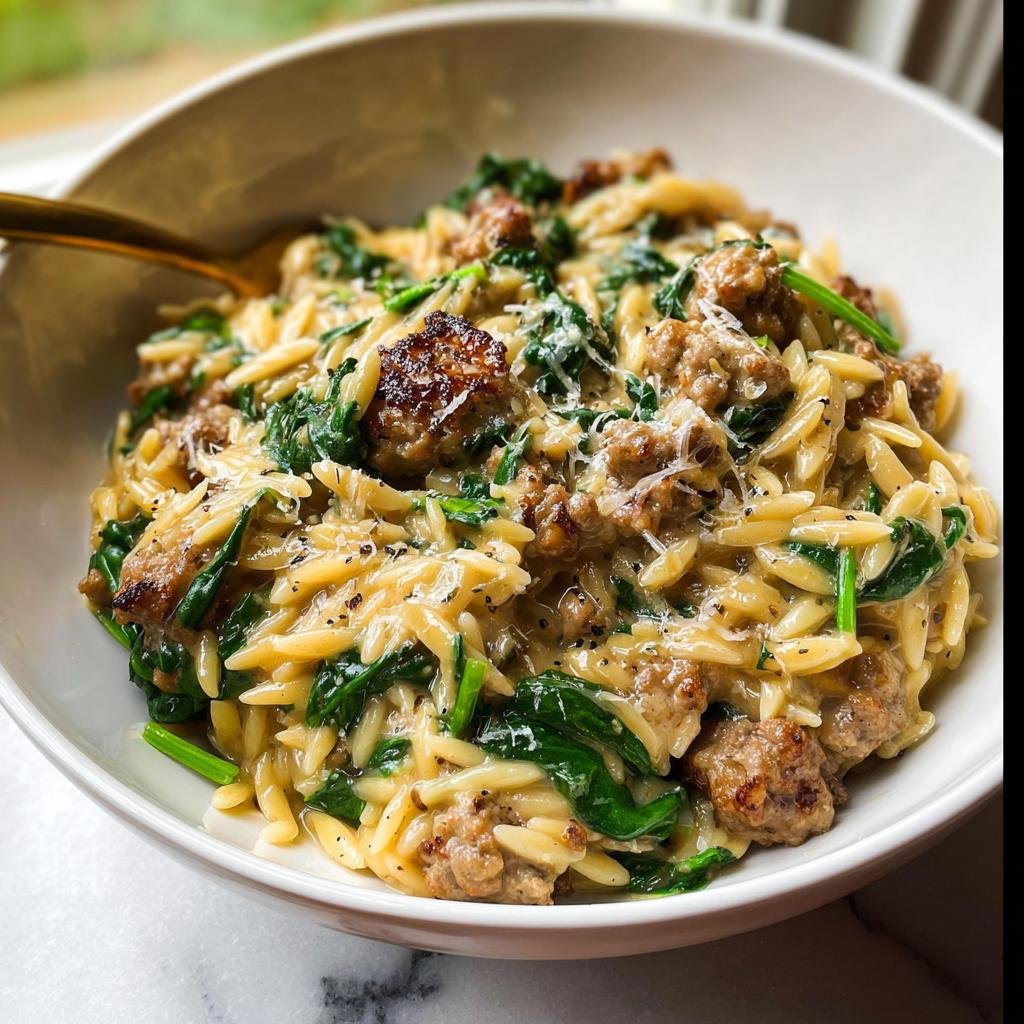A close-up of a bowl filled with One-Pot Garlic Butter Sausage and Orzo Delight, mixed with spinach and topped with Parmesan.