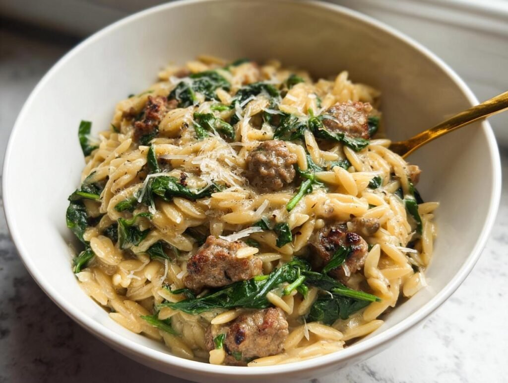 Close-up of a white bowl filled with creamy Garlic Butter Sausage and Orzo Delight, topped with spinach and Parmesan.
