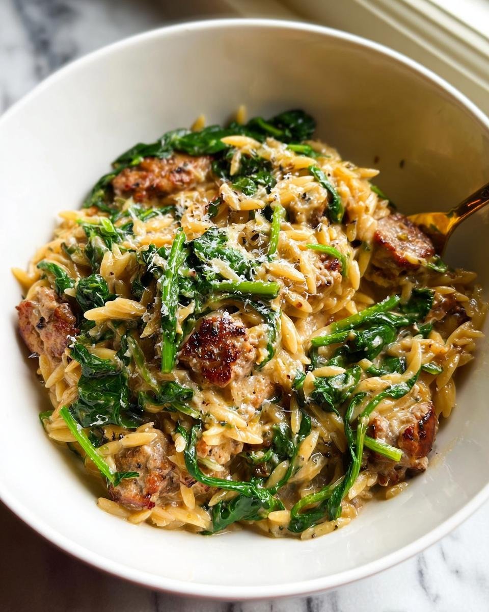 Close-up of a bowl of creamy One-Pot Garlic Butter Sausage and Orzo Delight with wilted spinach and grated cheese.