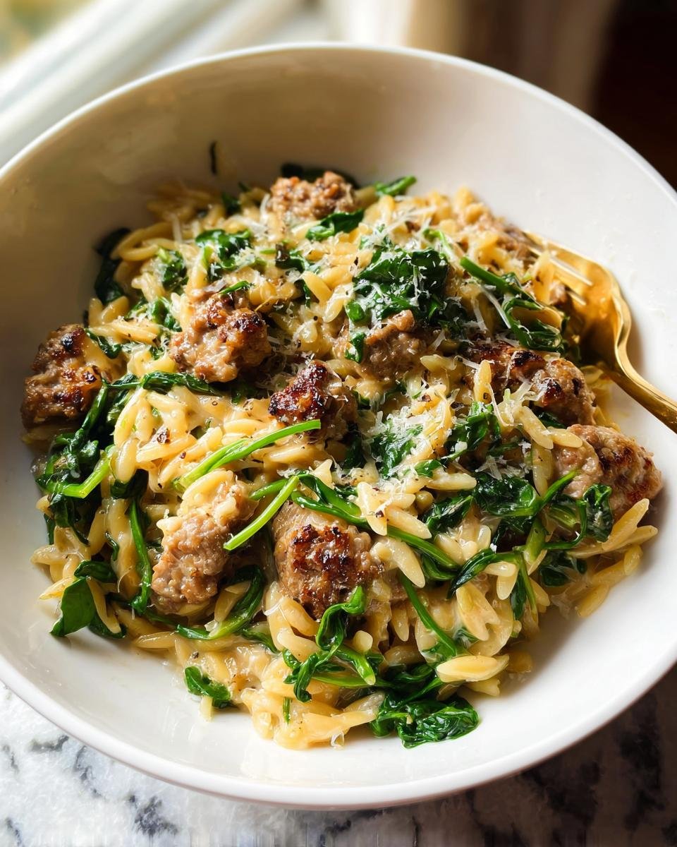 Close-up of a white bowl filled with One-Pot Garlic Butter Sausage and Orzo Delight, topped with Parmesan.