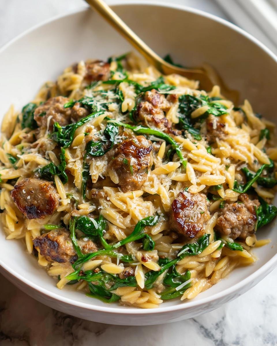 Close-up of a bowl of One-Pot Garlic Butter Sausage and Orzo Delight topped with spinach and Parmesan.