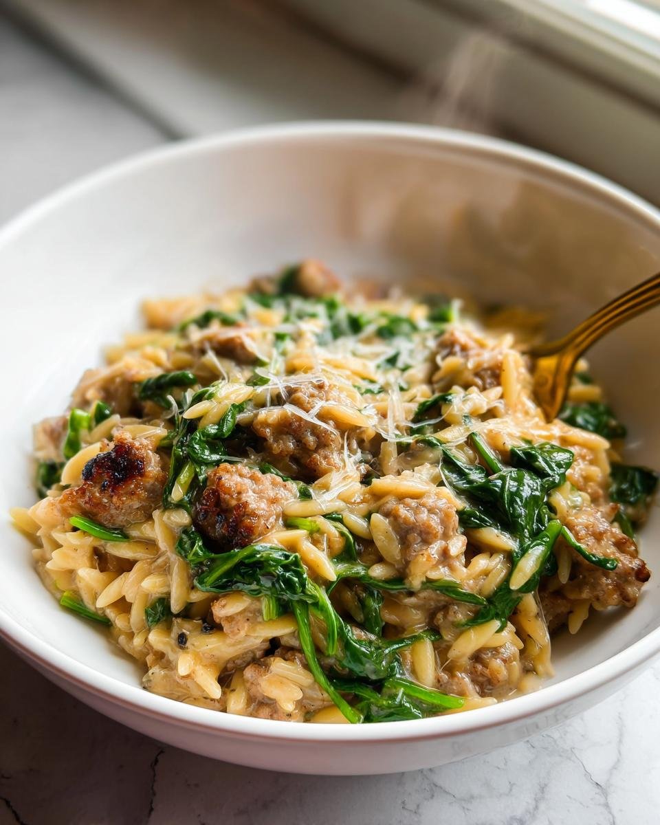 A close-up of a bowl of steaming One-Pot Garlic Butter Sausage and Orzo Delight topped with Parmesan.