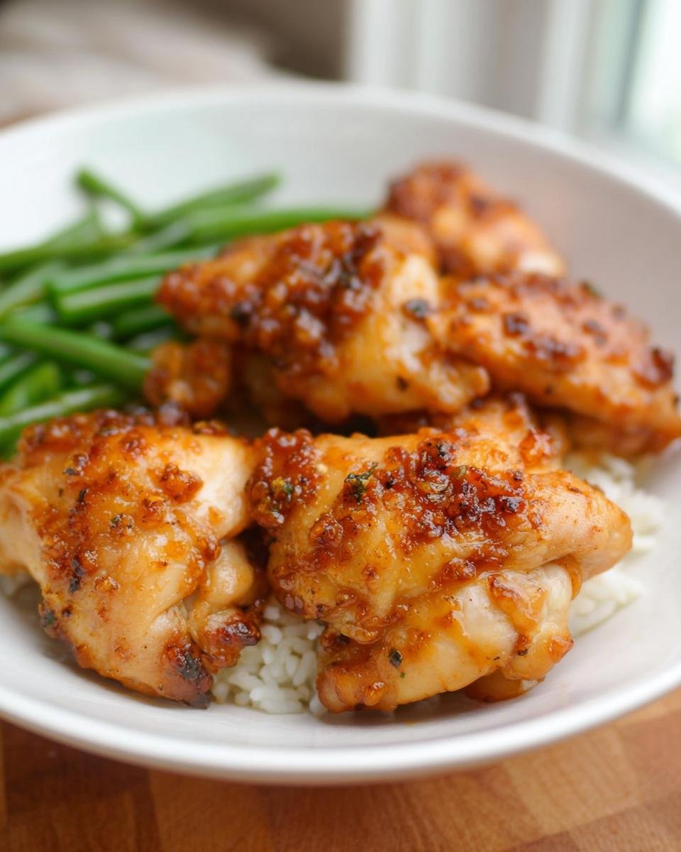 Close-up of glazed oven baked chicken thighs served over white rice with a side of green beans.