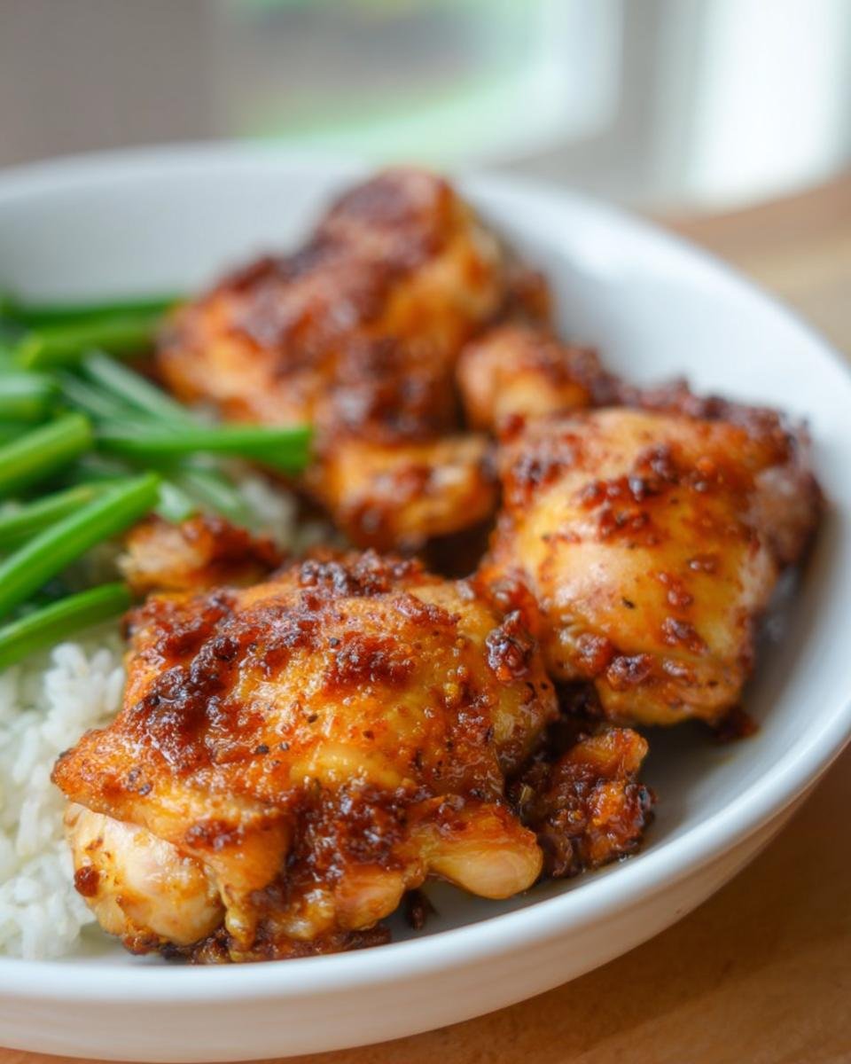 A close-up of glazed Oven Baked Chicken Thighs served over white rice with green beans.