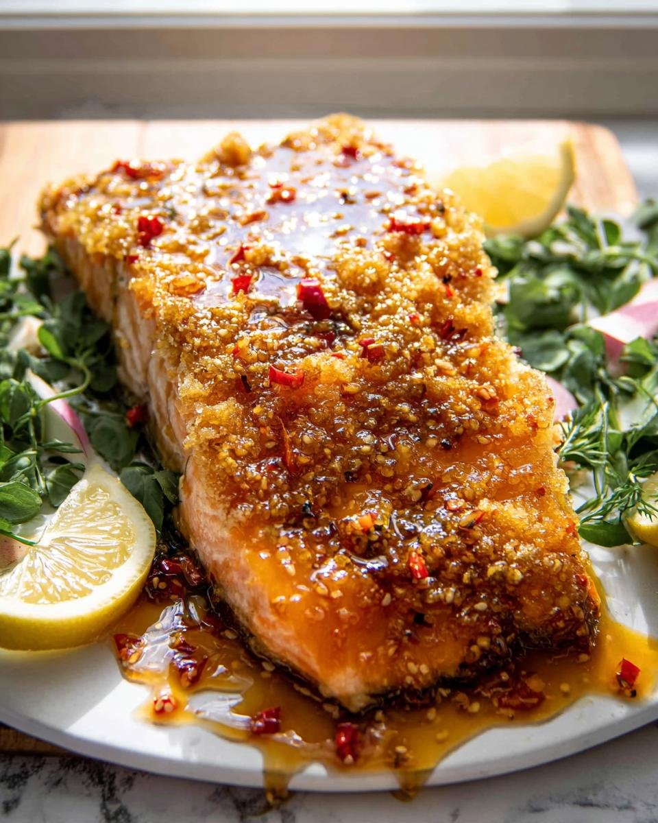 A close-up of Parmesan crusted salmon topped with a sweet and spicy glaze, served with lemon wedges.