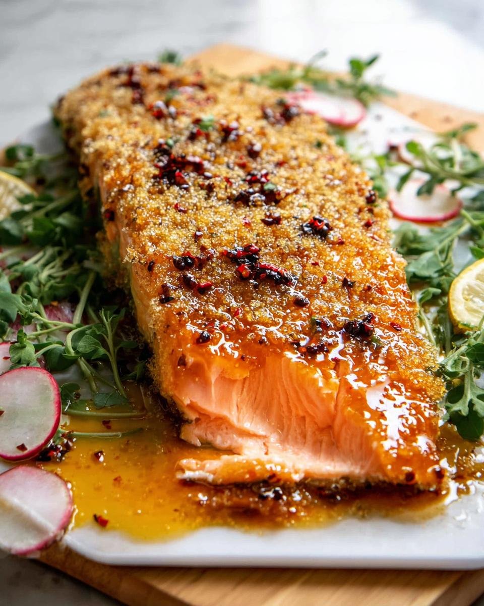 Close-up of a perfectly cooked Parmesan Crusted Salmon fillet with a glistening glaze and pink peppercorns.