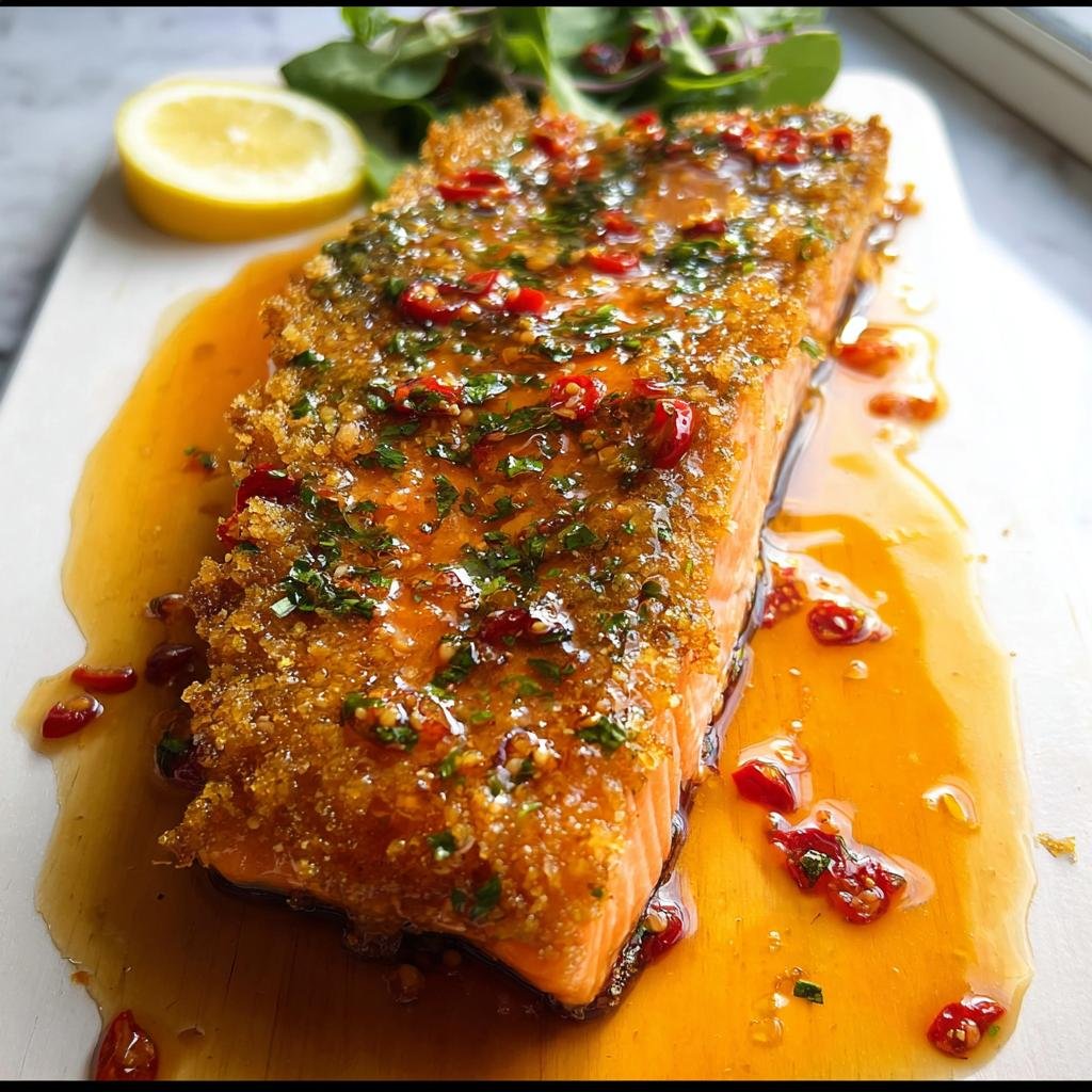 A close-up of Parmesan crusted salmon drizzled with a sweet and spicy glaze, served with a lemon wedge.
