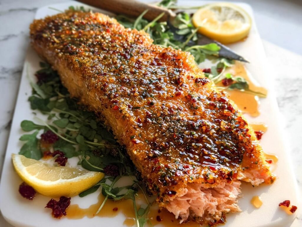Close-up of a perfectly cooked Parmesan Crusted Salmon fillet with a golden, seasoned crust, served over greens with lemon.