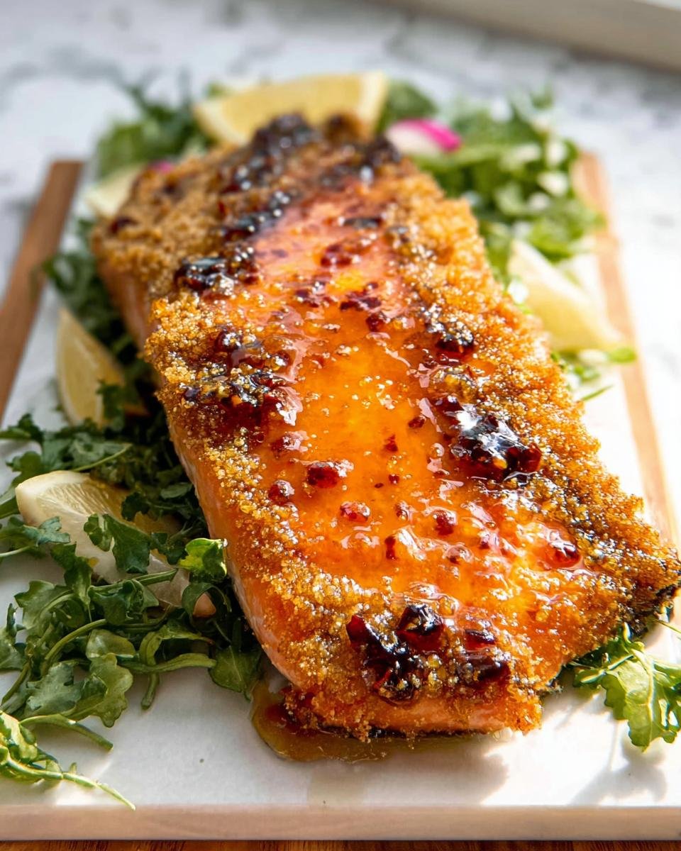 Close-up of Parmesan crusted salmon topped with a sweet and spicy glaze, served over arugula.