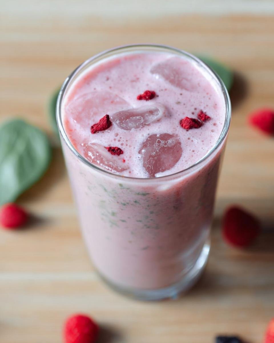 Close-up of a pink, icy Starbucks-style drink topped with freeze-dried raspberries, a Perfect Every Time Starbucks Drink.