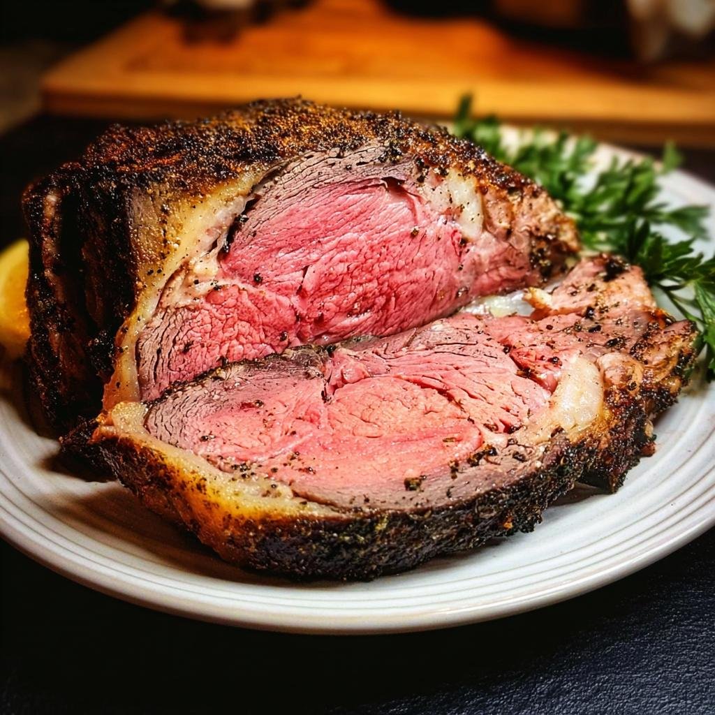 A beautifully cooked slice of Perfect Prime Rib Every Time showing a medium-rare pink center and dark seasoned crust.