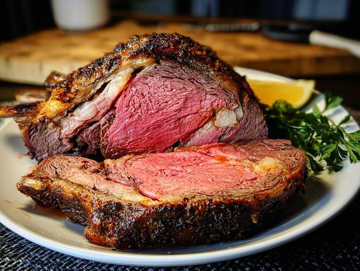 A thick slice of medium-rare Prime Rib Every Time, showing a deep red center and a dark, seasoned crust.