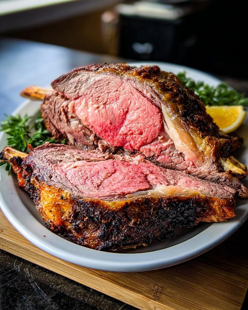 A perfectly cooked, medium-rare prime rib roast sliced open to show the pink interior, achieving the Perfect Prime Rib Every Time.