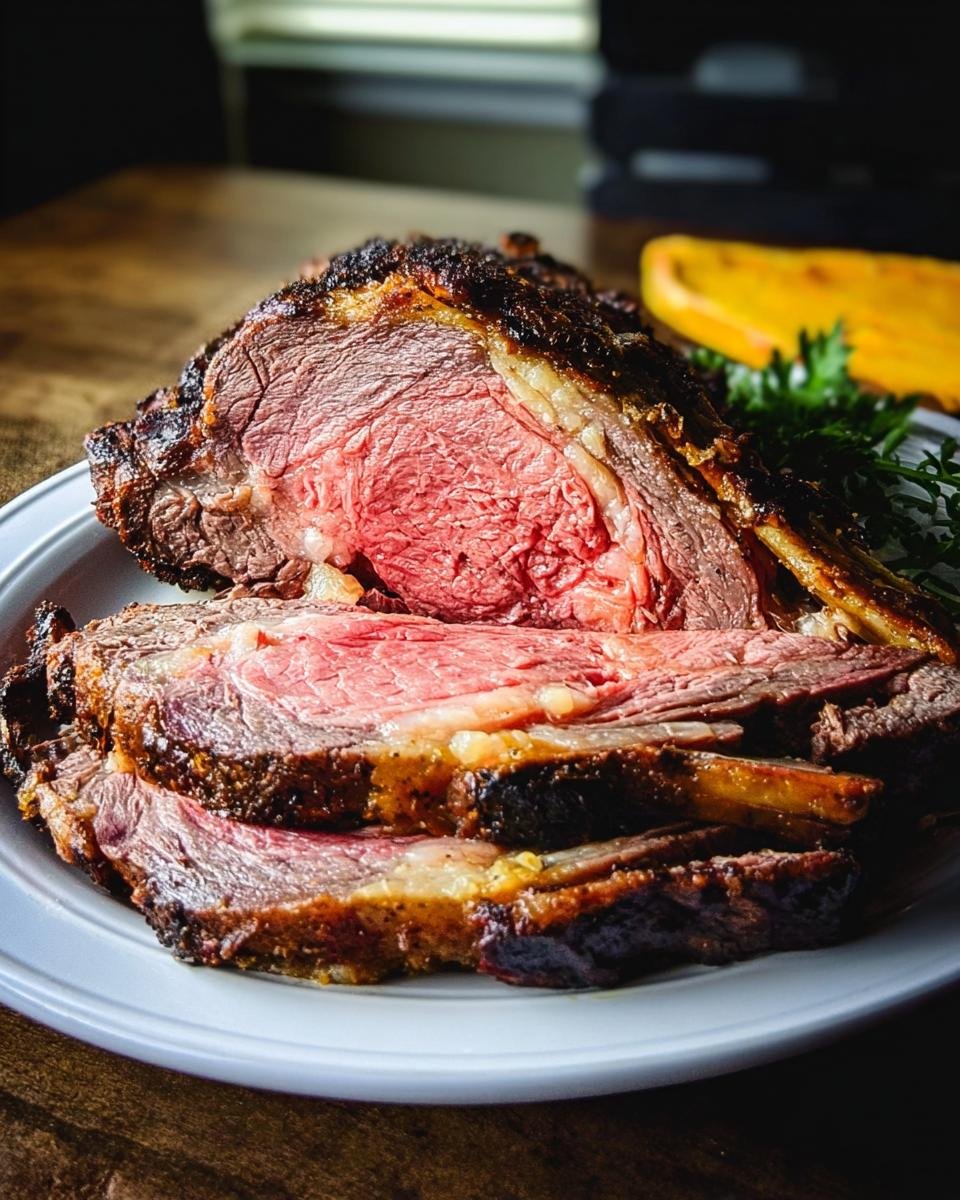 Thick slices of perfectly cooked prime rib roast showing a medium-rare center for the Perfect Prime Rib Every Time.