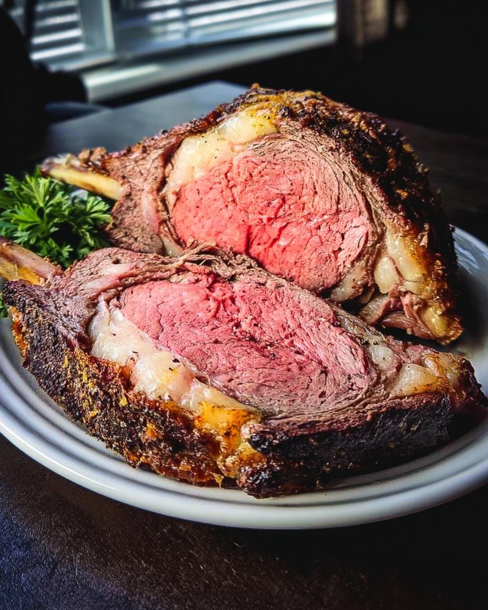 Two thick slices of perfectly cooked prime rib roast showing a medium-rare pink center and a dark, seasoned crust.
