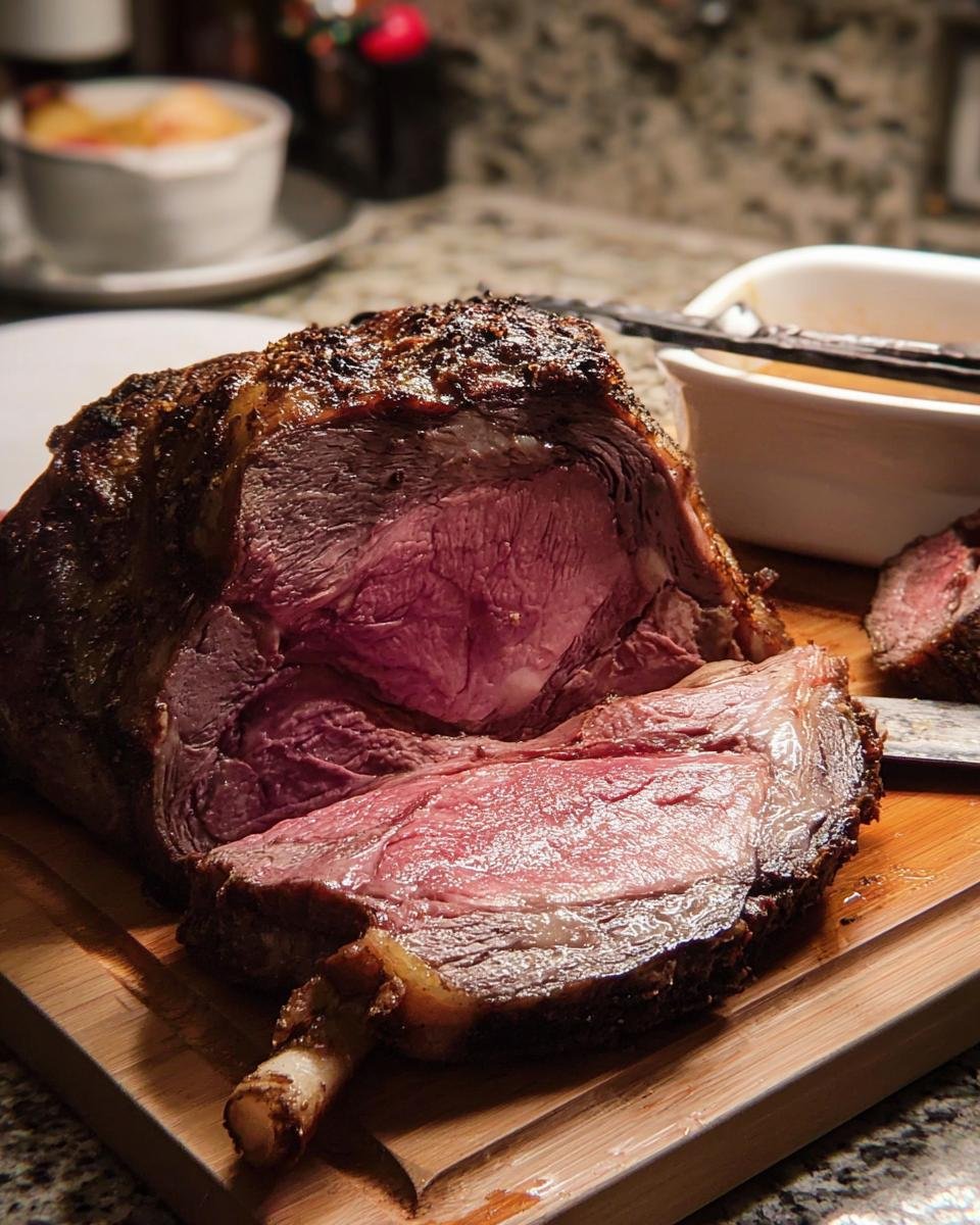 A large, perfectly cooked Prime Rib roast sliced open on a wooden board, showing a medium-rare center.