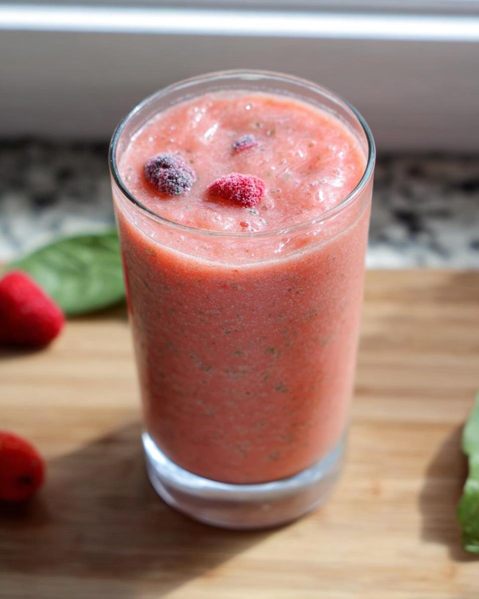 Close-up of a thick, pink, blended drink topped with frozen berries, resembling a Perfect Every Time Starbucks Drink.