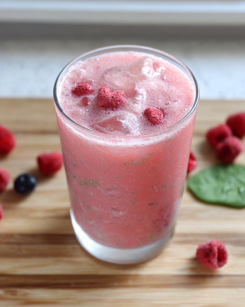 Close-up of a pink, icy Starbucks Drink topped with freeze-dried raspberries on a wooden board.