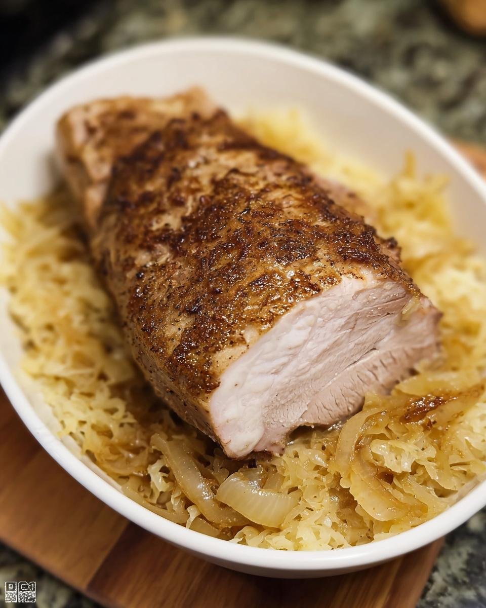A roasted, seasoned pork loin resting on a bed of sauerkraut and onions, perfect for New Year's Eve Recipes.