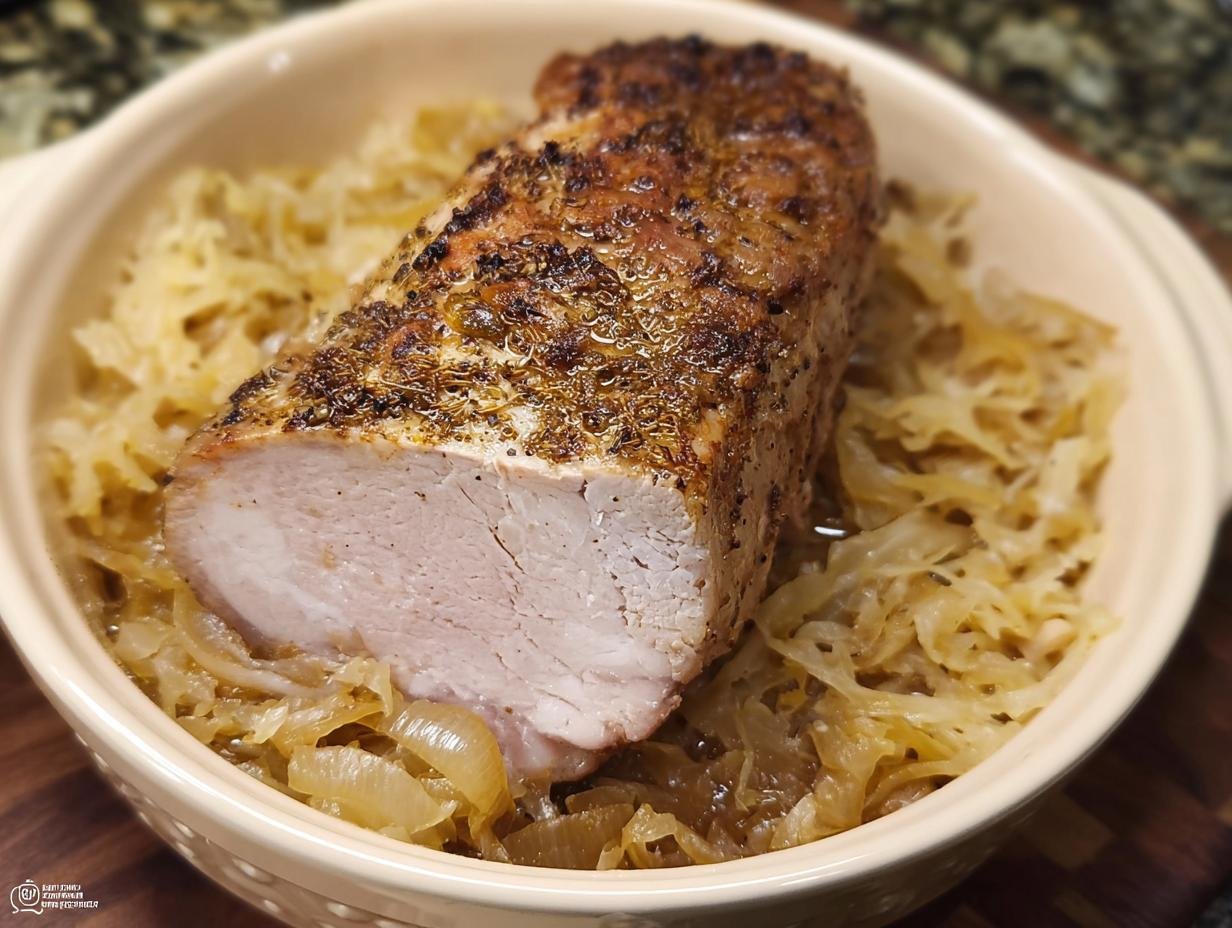 A close-up of a perfectly roasted pork loin, sliced to show the tender interior, served over braised sauerkraut, perfect for New Year's Eve Recipes.