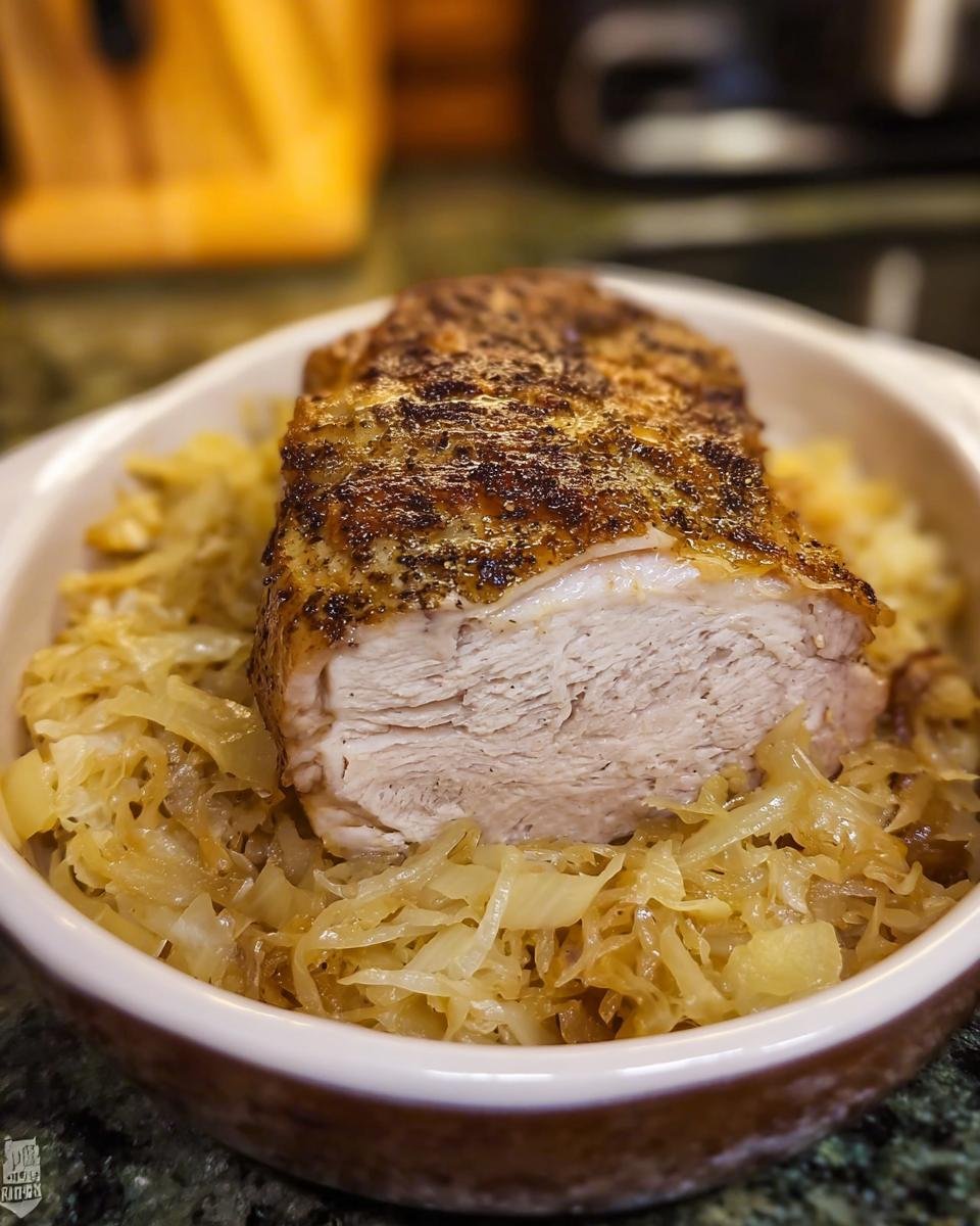 Close-up of a perfectly cooked pork roast slice resting on a bed of braised sauerkraut, a great New Year's Eve Recipes idea.