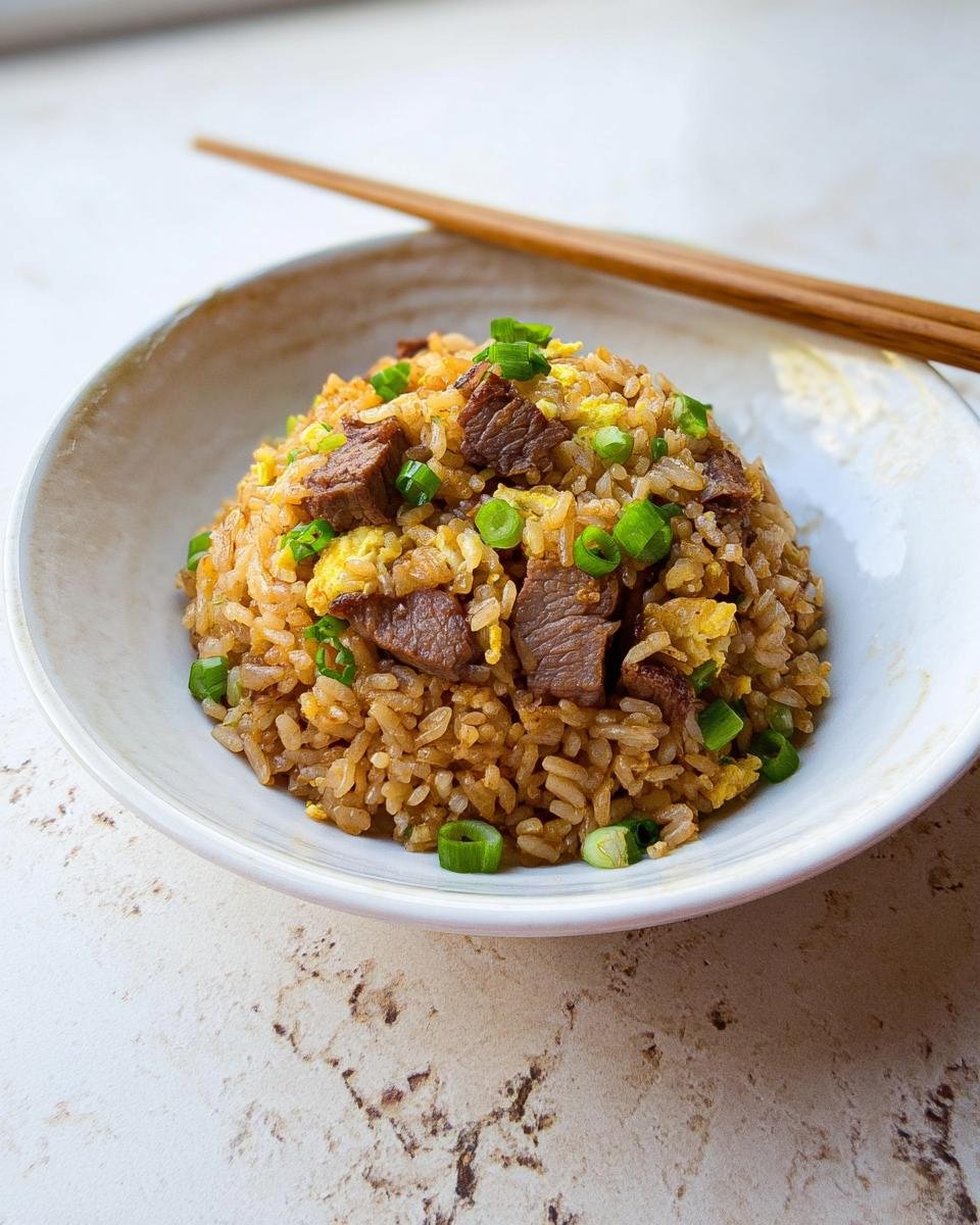 A bowl of savory fried rice featuring chunks of beef, scrambled egg, and green onions, perfect for Recipes to make with Leftover Prime Rib.