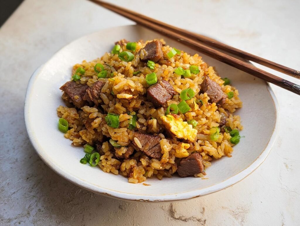 A bowl of savory Prime Rib Fried Rice topped with green onions and served with chopsticks.