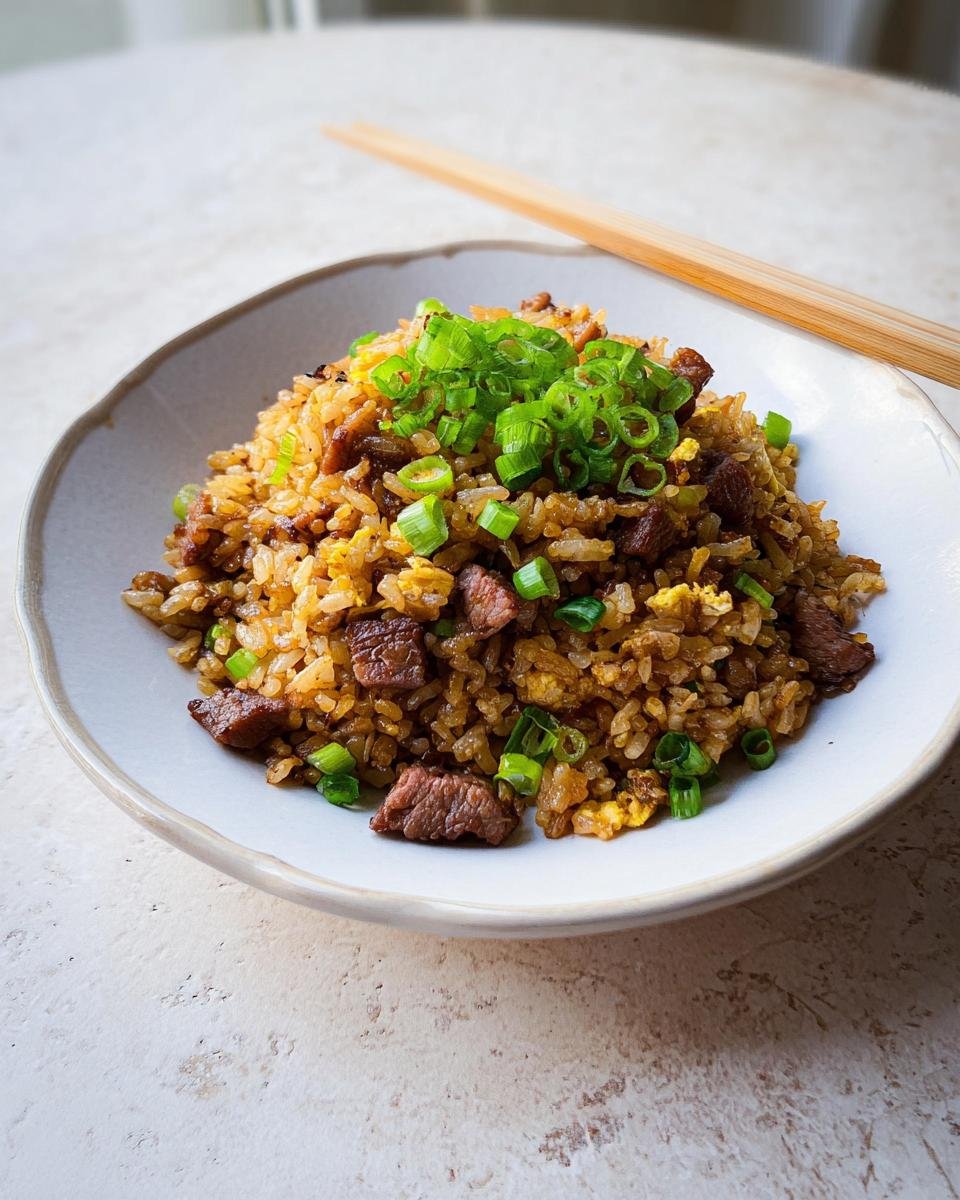 A bowl of savory prime rib fried rice topped with fresh green onions and served with chopsticks.