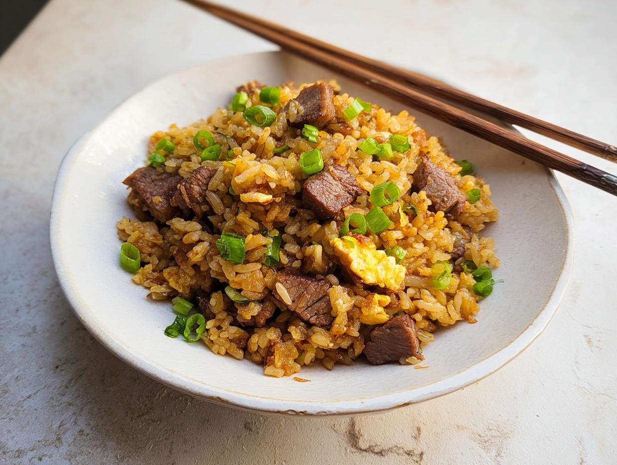 A bowl of savory Prime Rib Fried Rice topped with green onions and served with chopsticks.