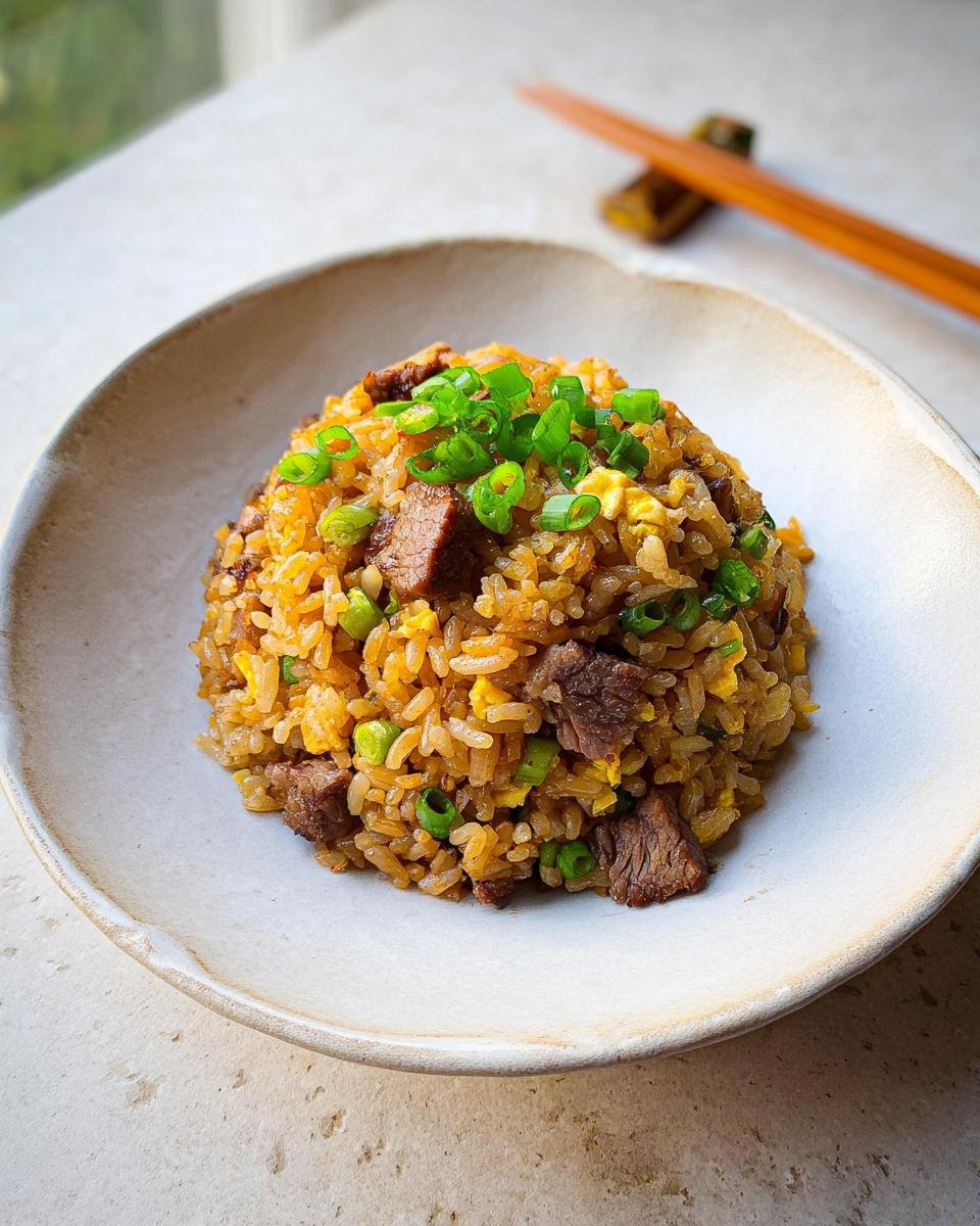A serving of Prime Rib Fried Rice topped with fresh green onions in a rustic bowl.