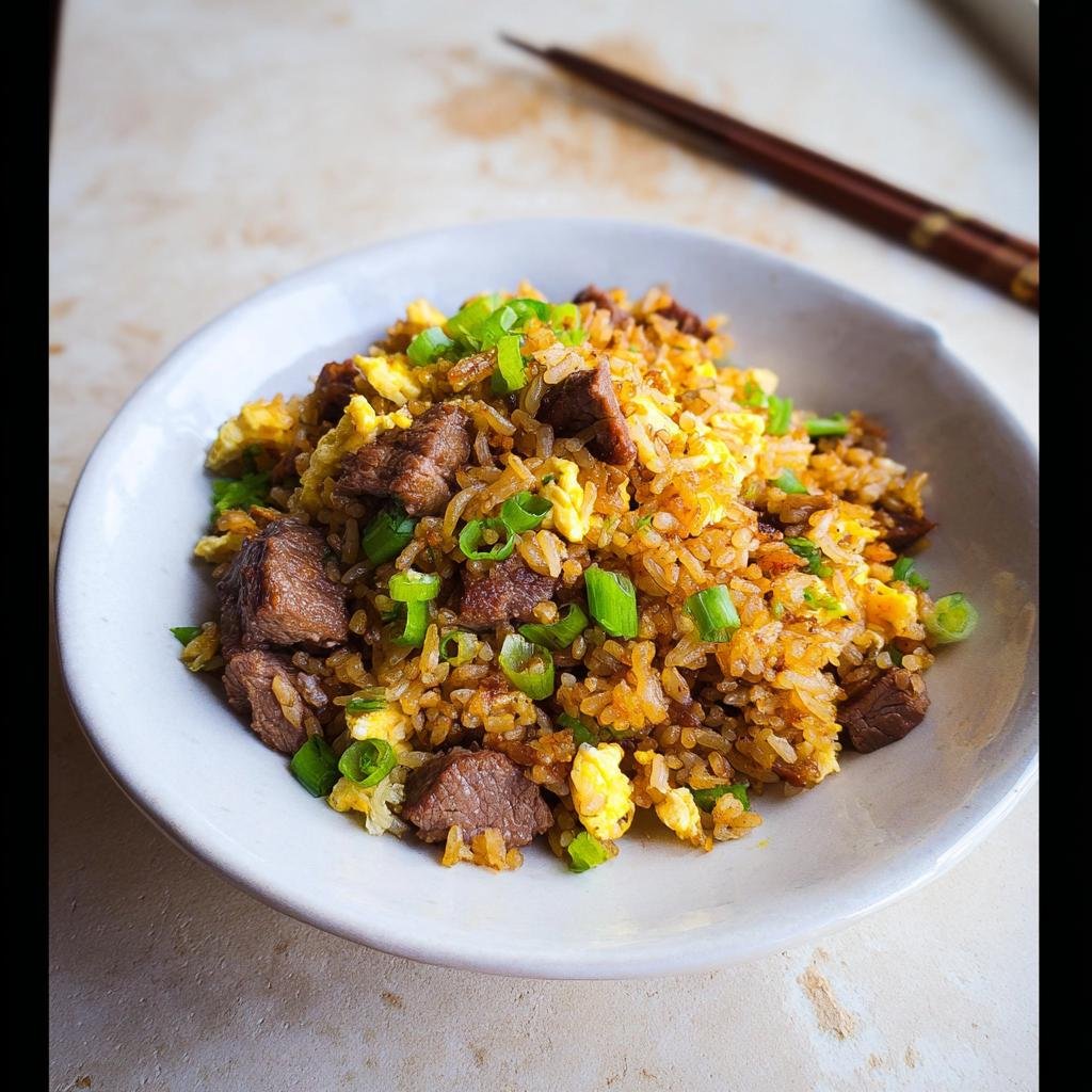 A bowl of savory fried rice featuring chunks of leftover prime rib, scrambled egg, and green onions.