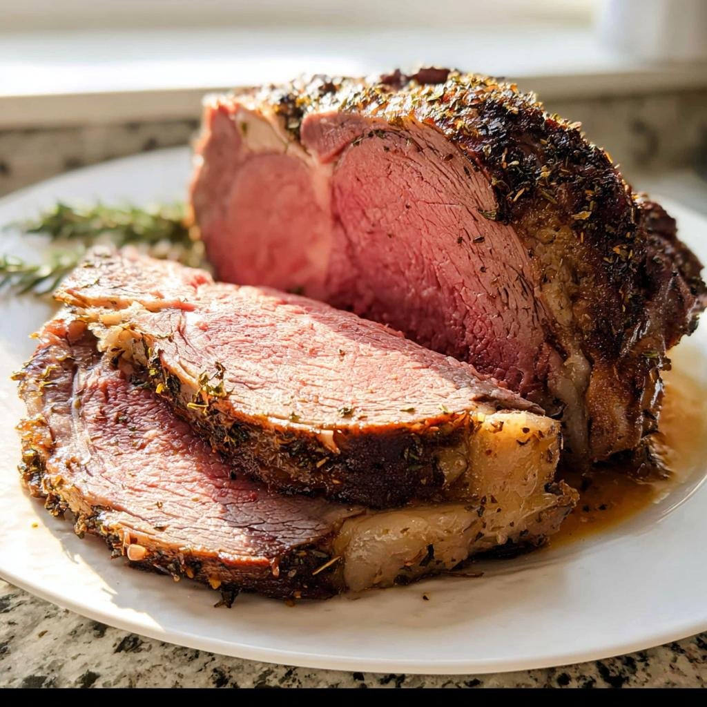 A beautifully roasted Prime Rib roast, sliced to reveal a perfect medium-rare center, seasoned with herbs.