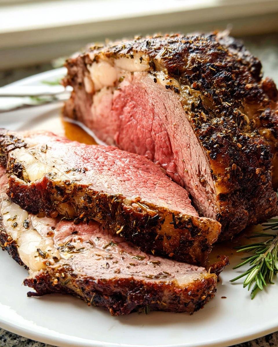 Close-up of a perfectly cooked Prime Rib roast, sliced to show a medium-rare center and herb crust.