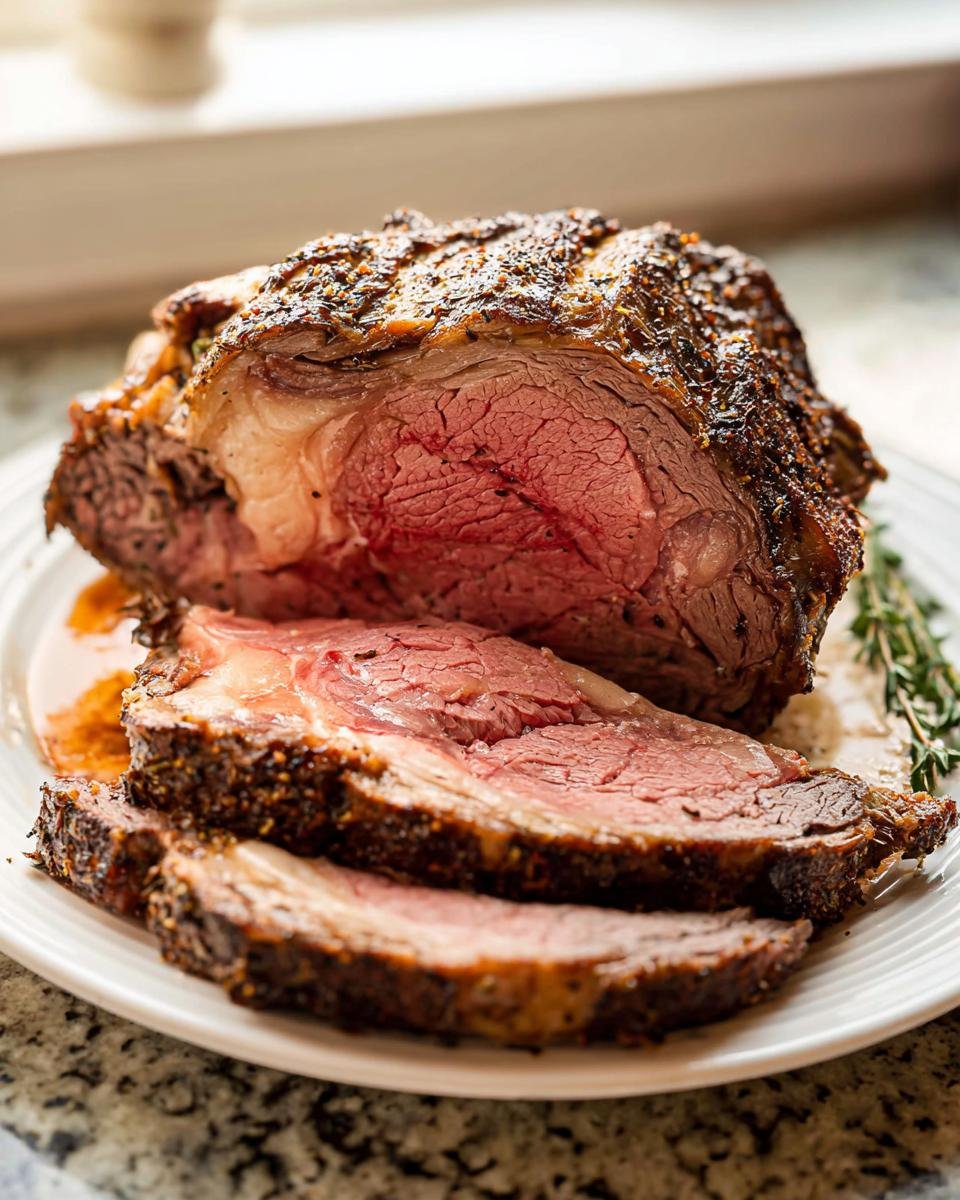 A beautifully roasted Prime Rib, sliced to reveal a perfect medium-rare center and seasoned crust.