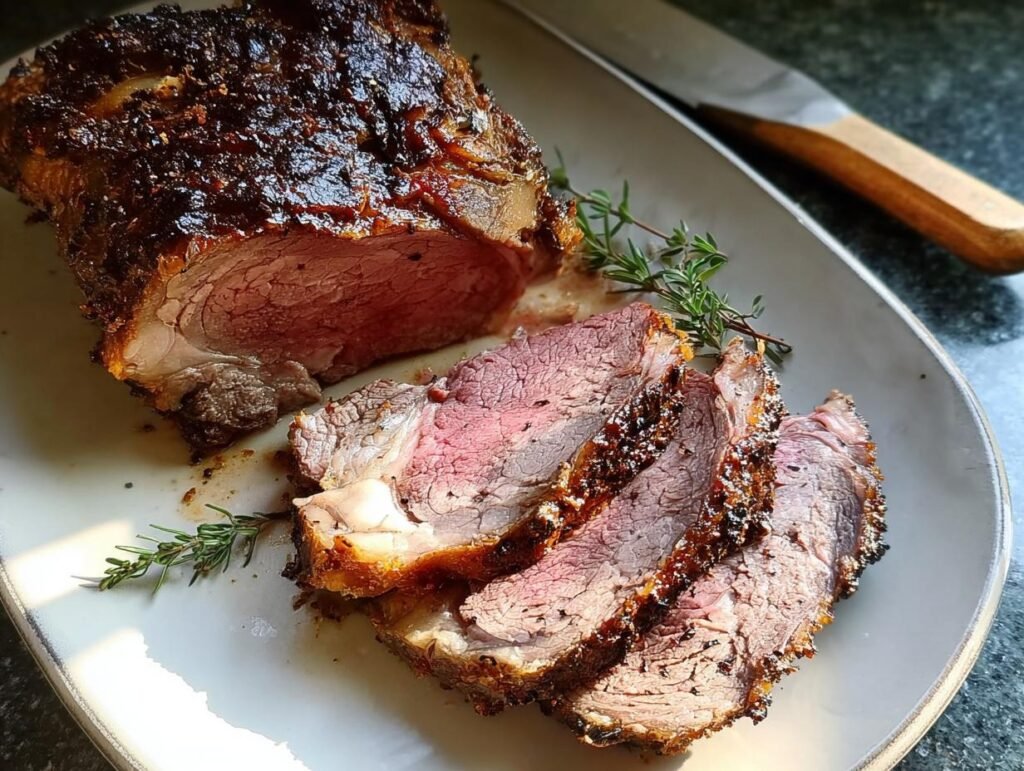 A beautifully roasted prime rib roast, sliced to show medium-rare interior, resting on a platter.