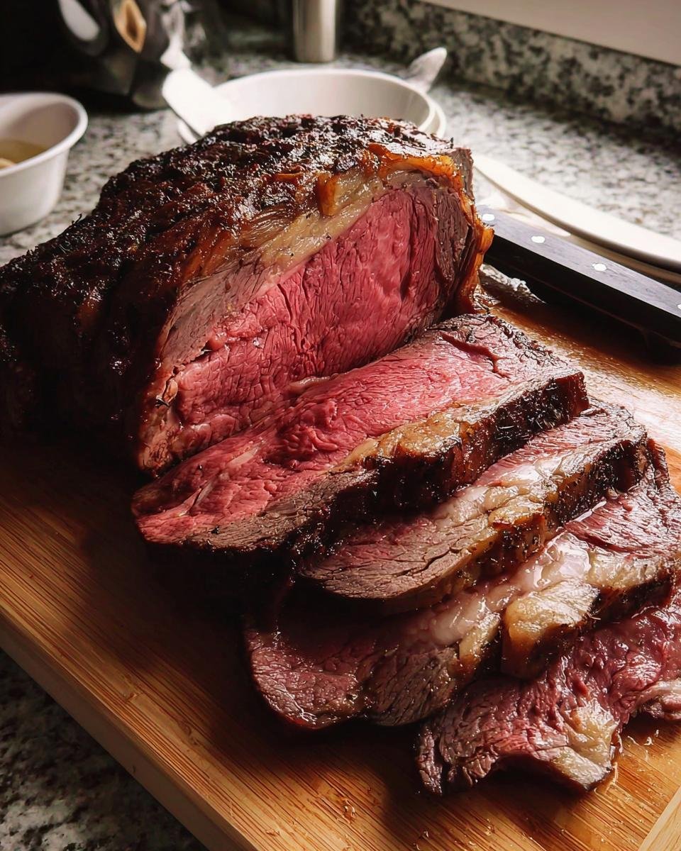 A large, perfectly roasted Prime Rib, sliced to reveal a medium-rare center, resting on a wooden cutting board.