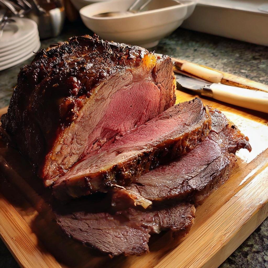 A beautifully roasted Prime Rib, partially sliced, showing a perfect medium-rare center.
