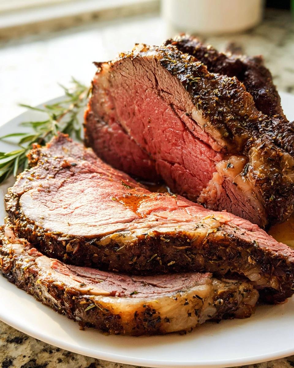 Slices of medium-rare Prime Rib roast, crusted with herbs, resting on a white plate with rosemary garnish.