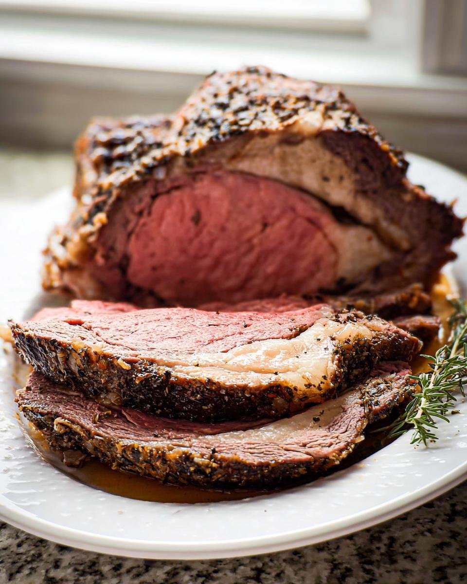Slices of medium-rare Prime Rib roast with a seasoned crust, resting in au jus on a white plate.