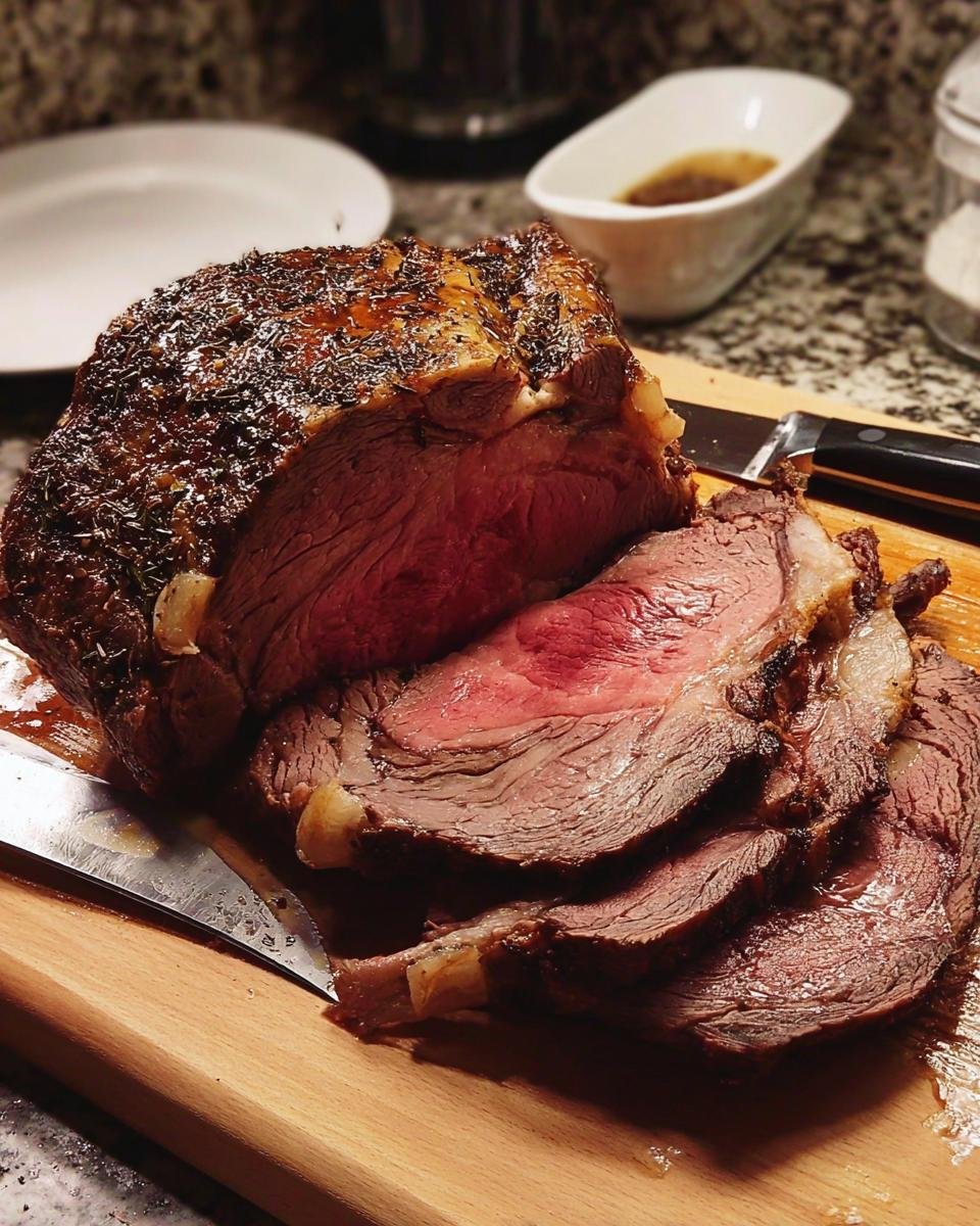 A beautifully roasted Prime Rib, perfectly medium-rare inside, being sliced on a wooden cutting board.