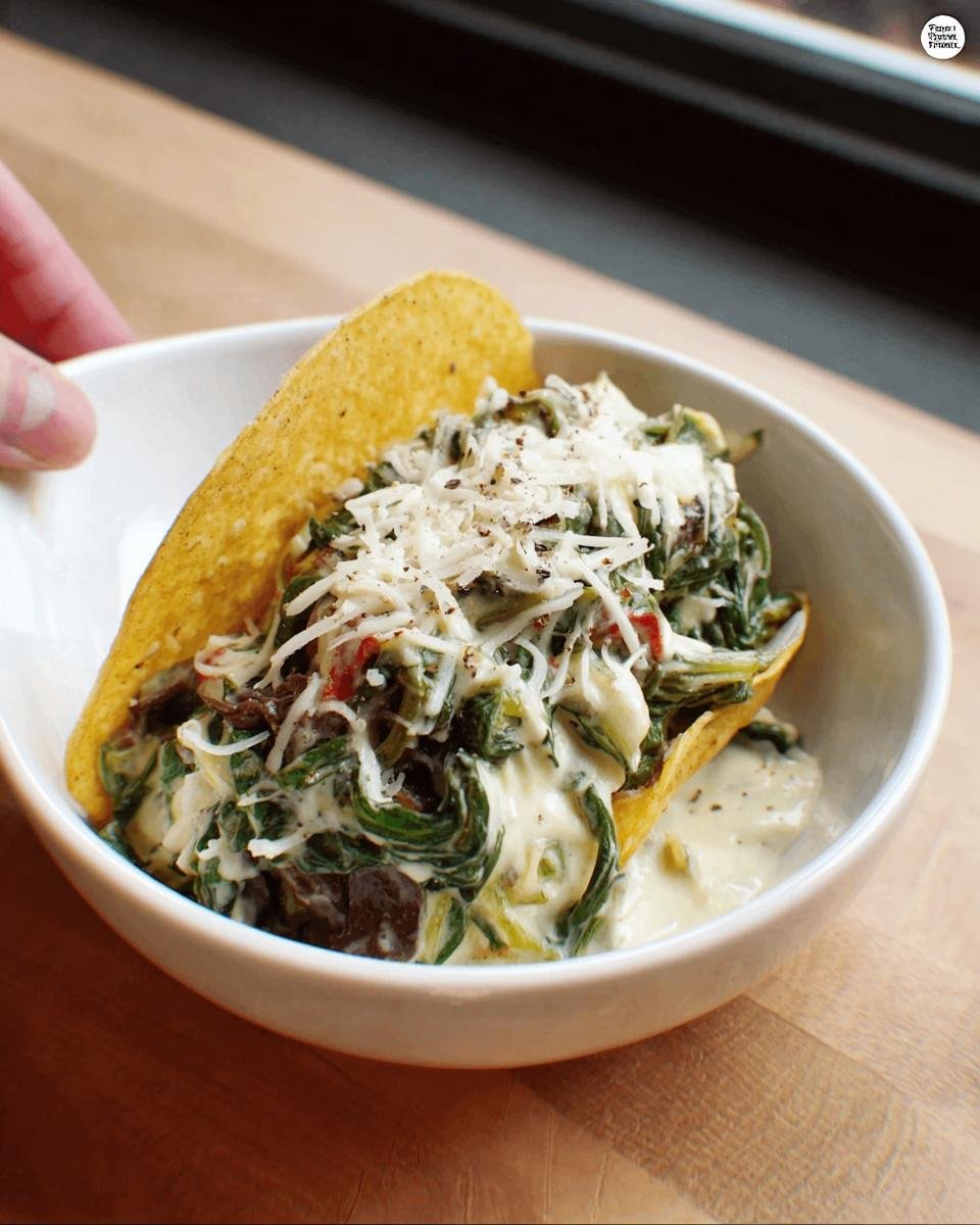 A crispy taco shell filled with creamy spinach and shredded prime rib, topped with grated cheese.