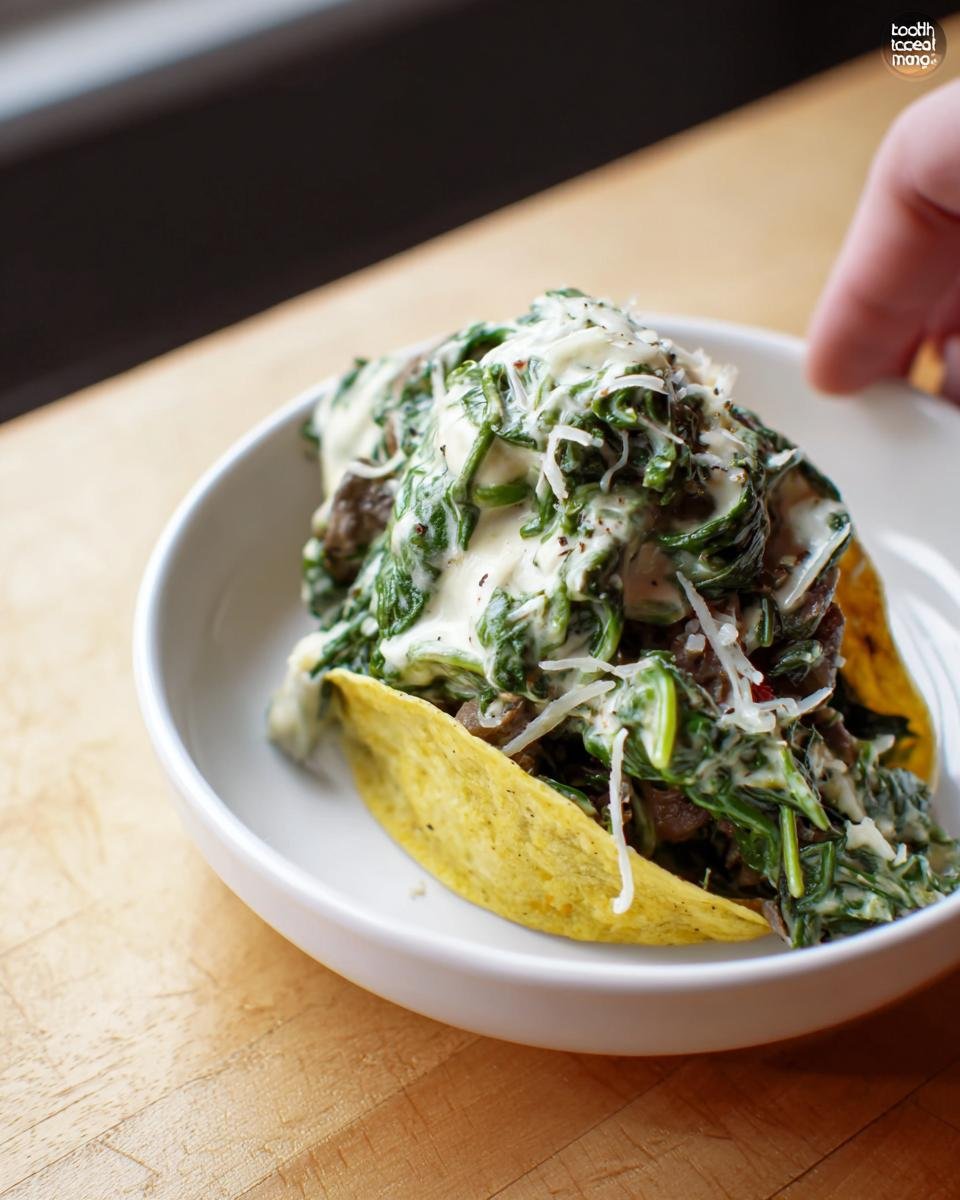 A taco filled with shredded meat, creamy spinach, and cheese, representing one of the Delicious Recipes for Leftover Prime Rib.