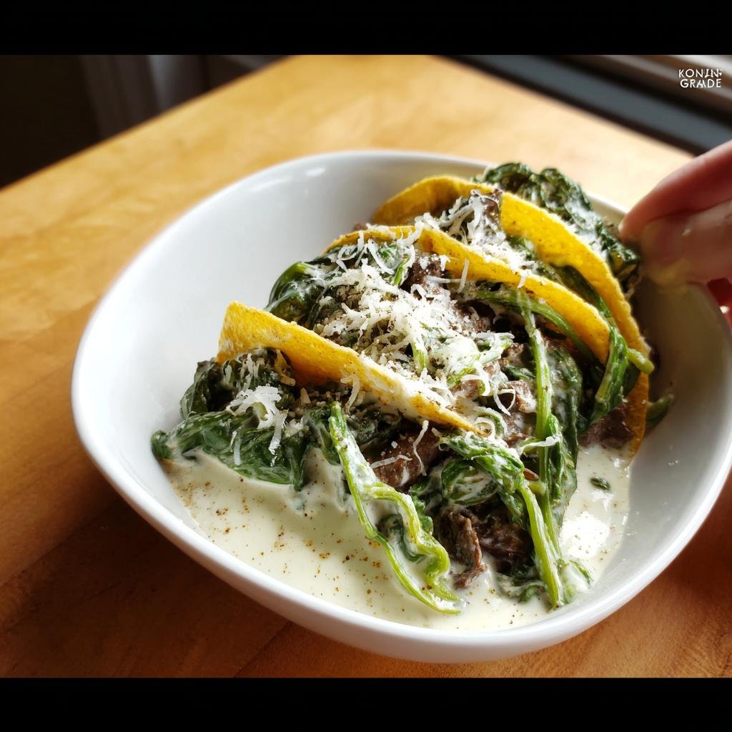 Tacos filled with leftover prime rib, creamed spinach, and topped with grated cheese, part of Delicious Recipes.