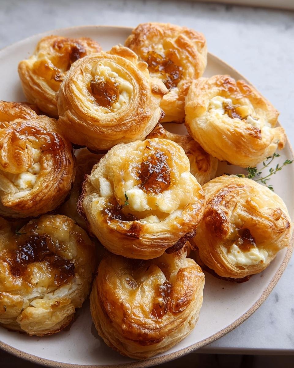 A plate piled high with golden, flaky puff pastry bites filled with cheese and caramelized onion, perfect New Year's Eve Party Eats.