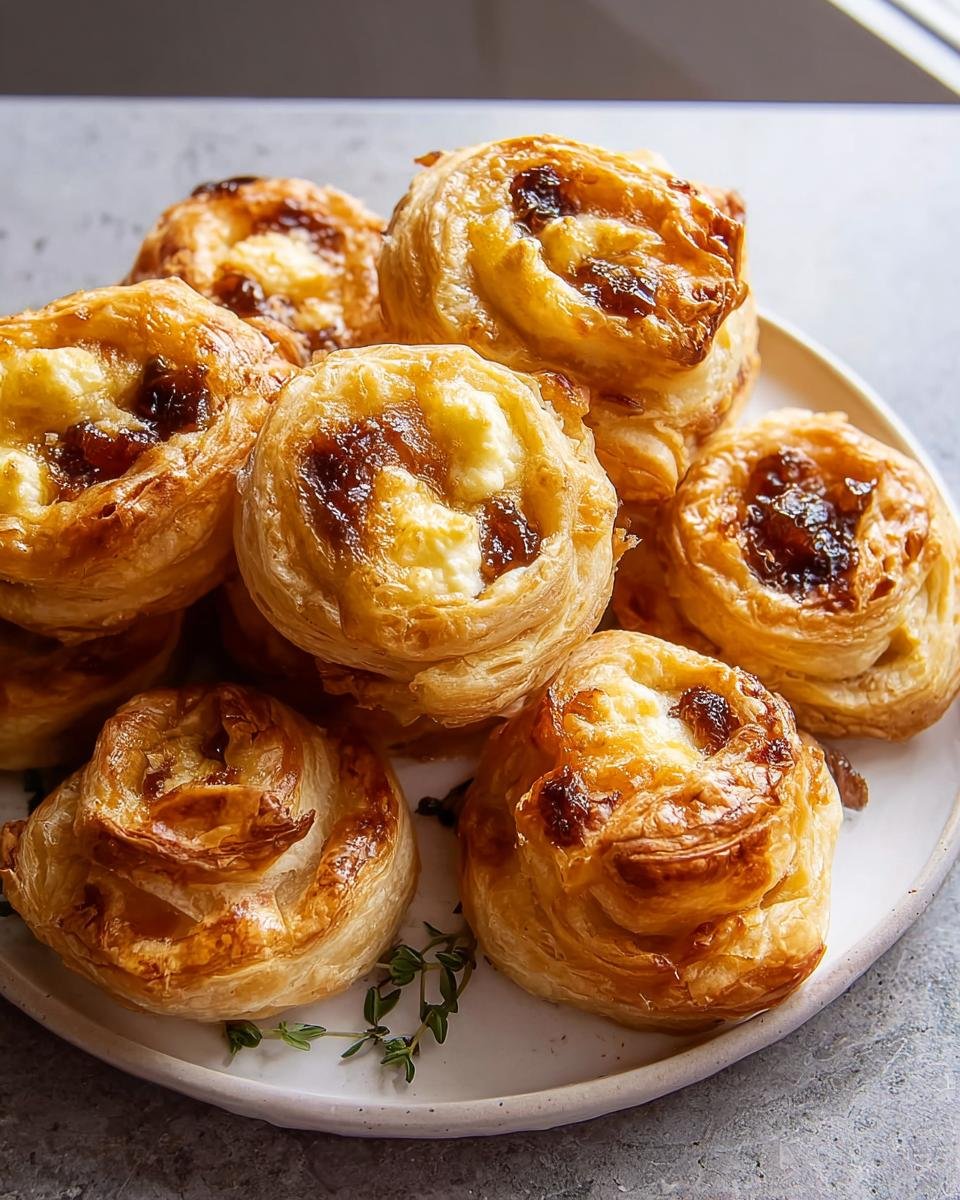 A plate piled high with golden, flaky puff pastry pinwheels filled with cheese and jam, perfect New Year's Eve Party Eats.